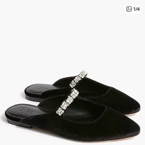 J. Crew Factory Black Velvet Mules with Crystal Embellishment